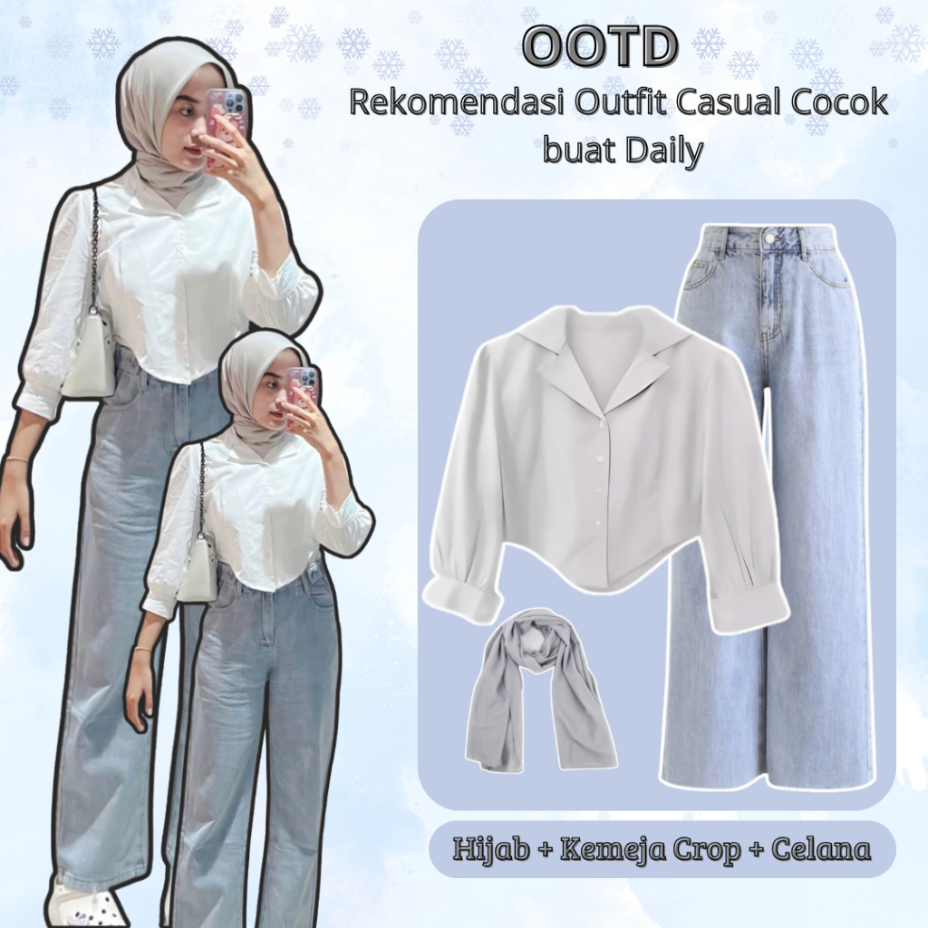 Outfit Wanita Kekinian OOTD Hijab Casual ( Kemeja Crop + Celana Jeans + Hijab ) Setelan Cewek L048