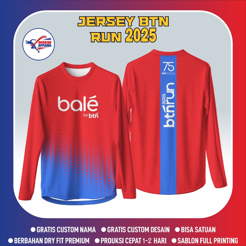 JERSEY BALE BTN RUN JAKARTA 2025, Free Custom Nama dan Nomor Punggung