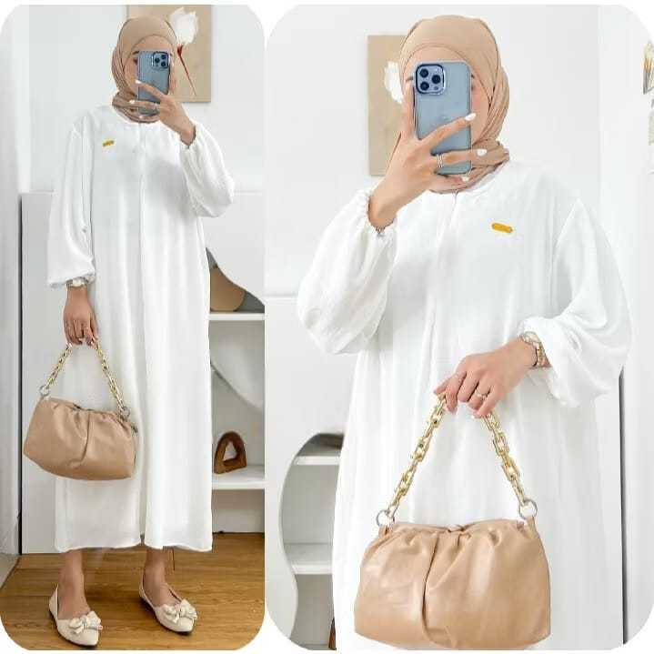 Midi Dress Putih Simpl Elegan Terbaru Baju Baju Gamis Crinkle Putih Polos Kekinian