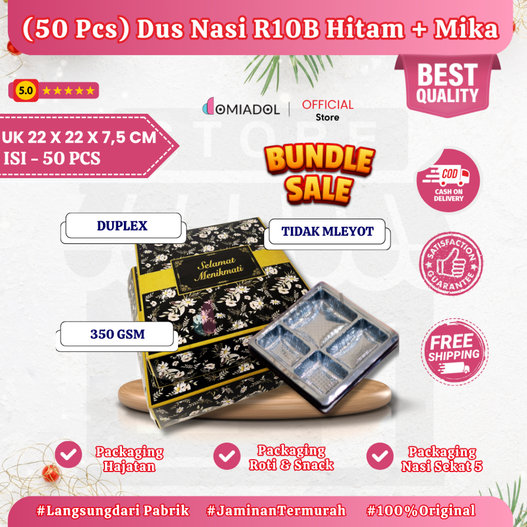 BUNDLE SALE <ISI 50 PCS> Box Dus Nasi Kotak R10B Motif Batik Hitam Premium - Ukuran 22x22x7,5 cm & M
