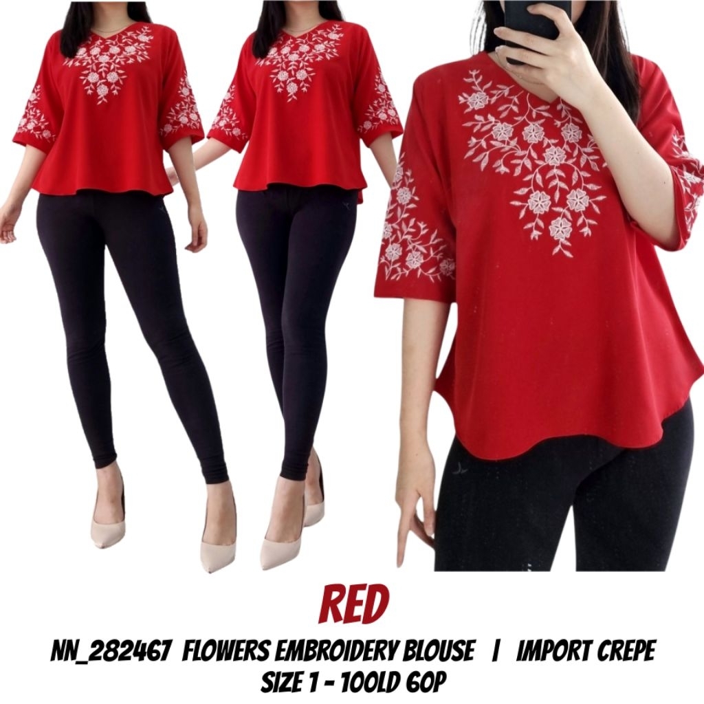 Atasan blus bordir wanita merah natal & imlek (15 MODEL)