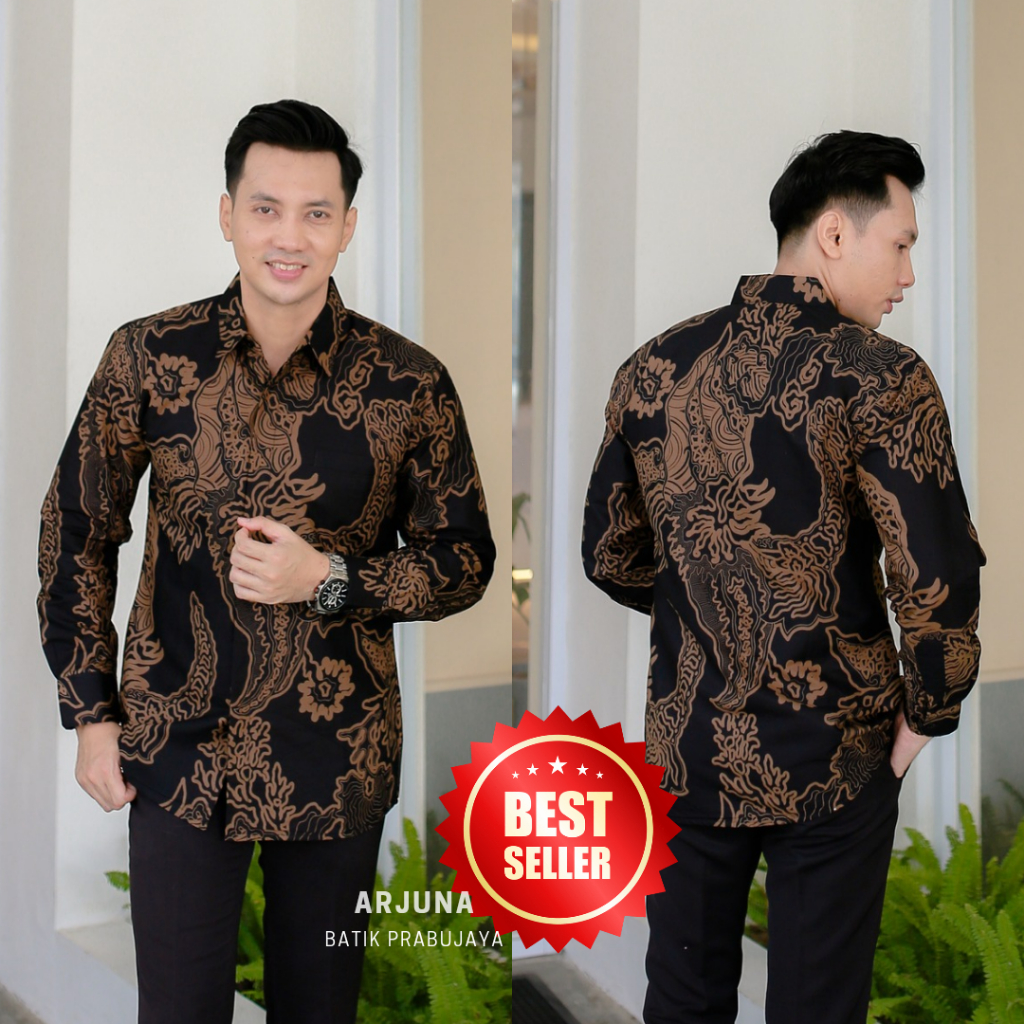 Batik Prabujaya Kemeja Batik Slimfit Pria Lengan Panjang Motif Arjuna Katun Halus Warna Hitam Coklat
