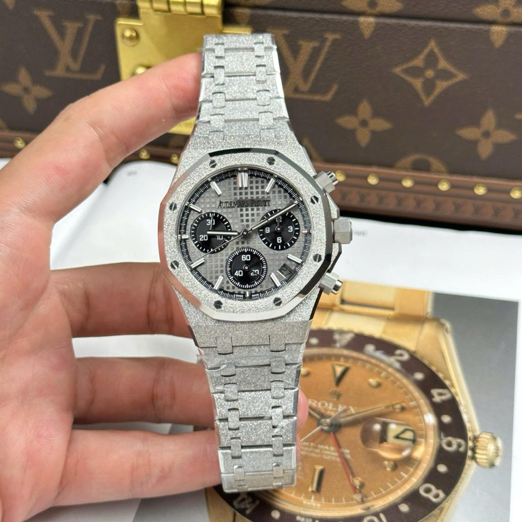 JAM TANGAN PRIA/COWOK AUDEMARS PIGUET FROSTED 41mm SILVER GREY CHRONOGRAPH SWISS APS CLONE #Jamtanga