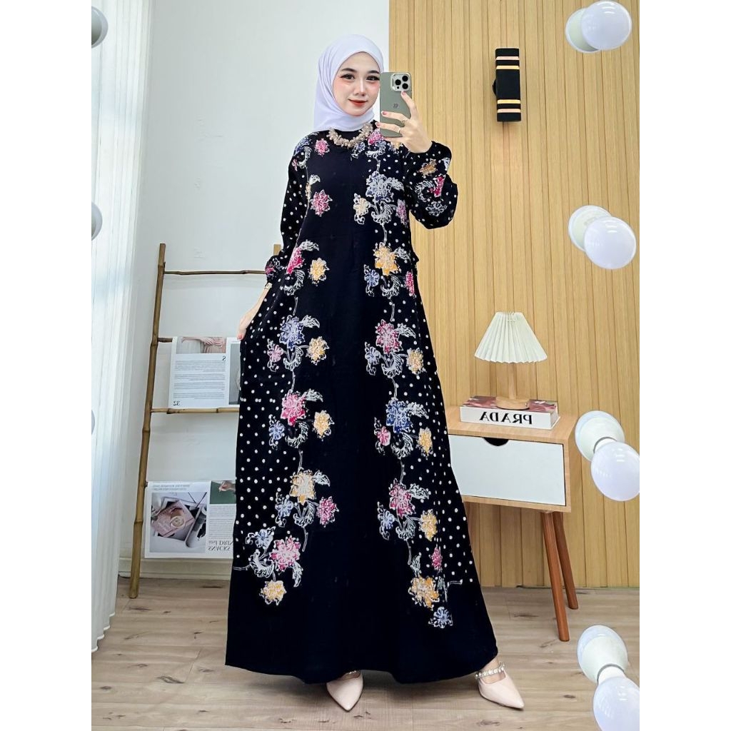 Gamis Batik Encim Adem Nyaman Panjang Muslimah-Hitam Titik