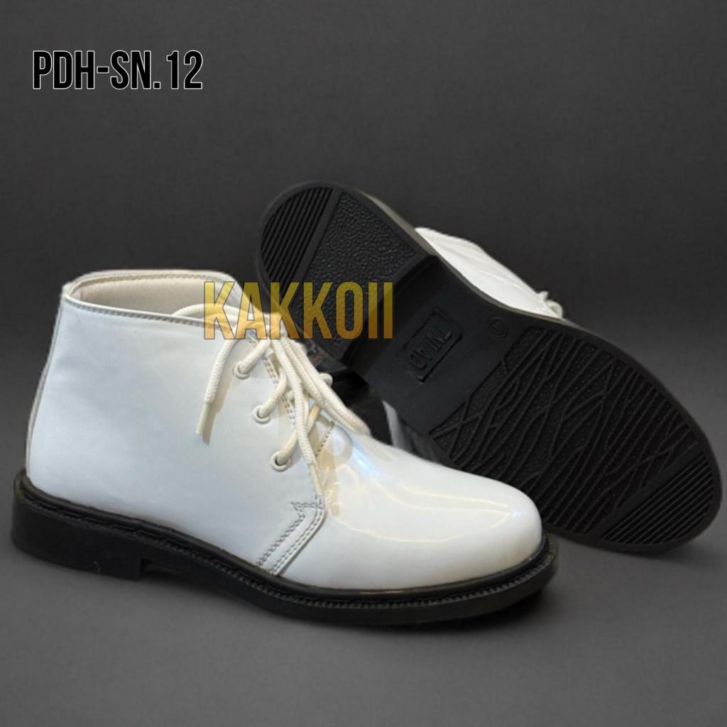 Sepatu PDH Putih Pria Formal Glossy • Sepatu Pantofel Kulit Sintetis • Boots PDH Elegan