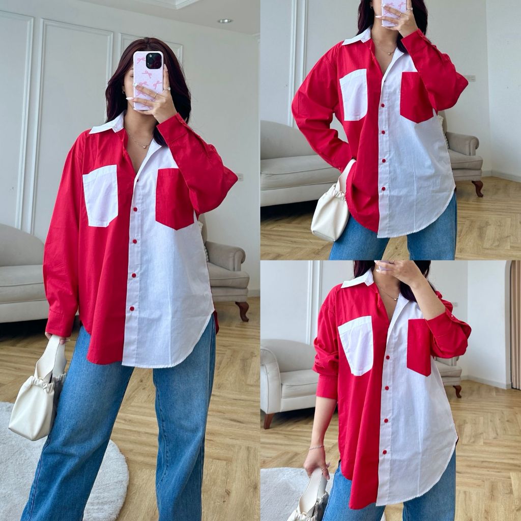 MBO ATASAN KEMEJA OVERSIZED MERAH PUTIH WANITA KOREAN STYLE LENGAN PANJANG IMPORT QUALITY