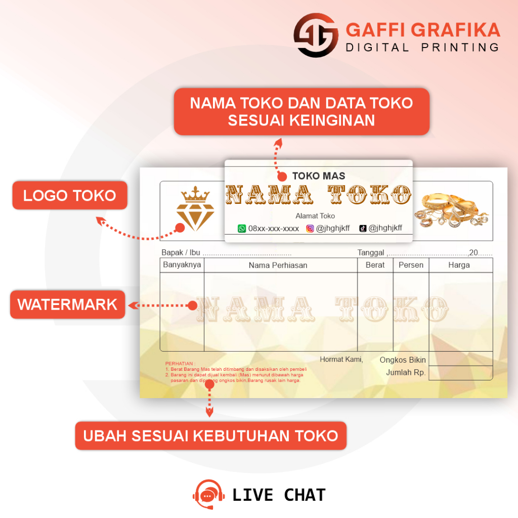 

RK Nota custom toko emas gratis design full warna ukuran 1/4 folio 1 ply 2 ply 3 ply kwitansi mini