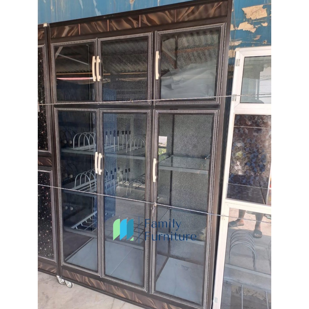 Lemari Rak Piring Aluminium Tempahan 3 Pintu 6 Daun Kaca Hitam Minimalis