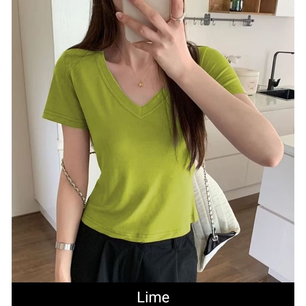 Kaos V Neck Polos Wanita - Baju Wanita Leher V Spandex Import - 6001