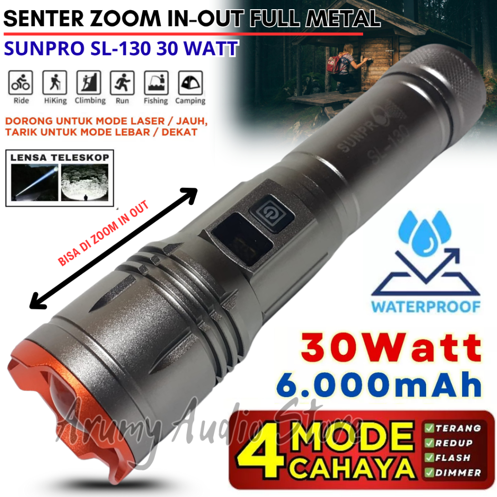 Senter Sunpro Sl-130 30w Terbaru | Senter Sunpro Sl-130 Senter Tangan Zoom In&Out 3ow Flashlight Cah