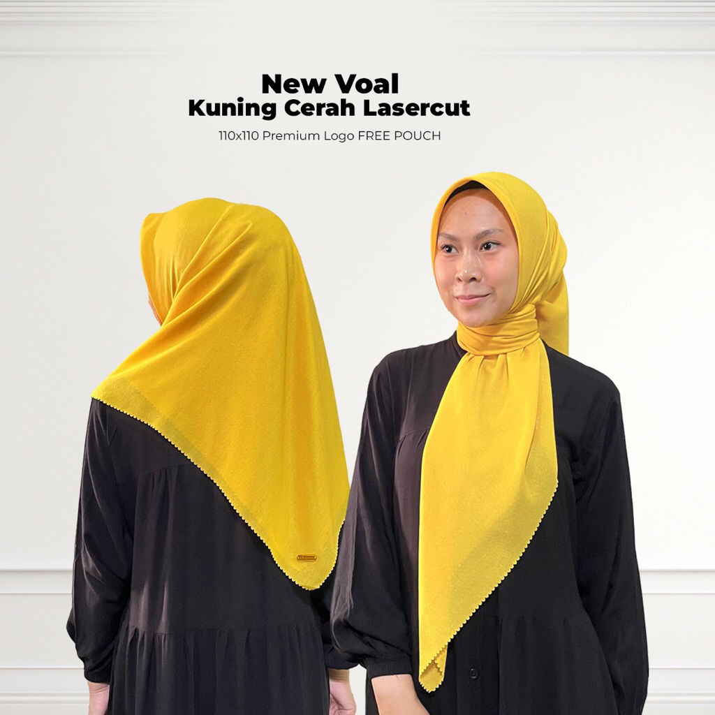 Segiempat Voal Kuning Cerah Lasercut 110x110 (GRATIS POUCH) | Jilbab Kuning Golkar | Kerudung Kuning
