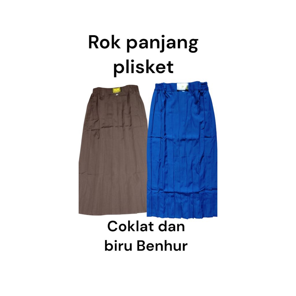 seragam sekolah TK SD MI SMP MTS SMA rok panjang plisket warna coklat, biru benhur