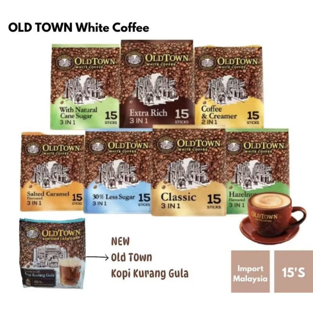 

coffee oldtown coffee 3 in 1 classic | hazelnut | less sugar | extra rich | coffee & creamer | cane sugar | coconut | smooth roast | milk tea