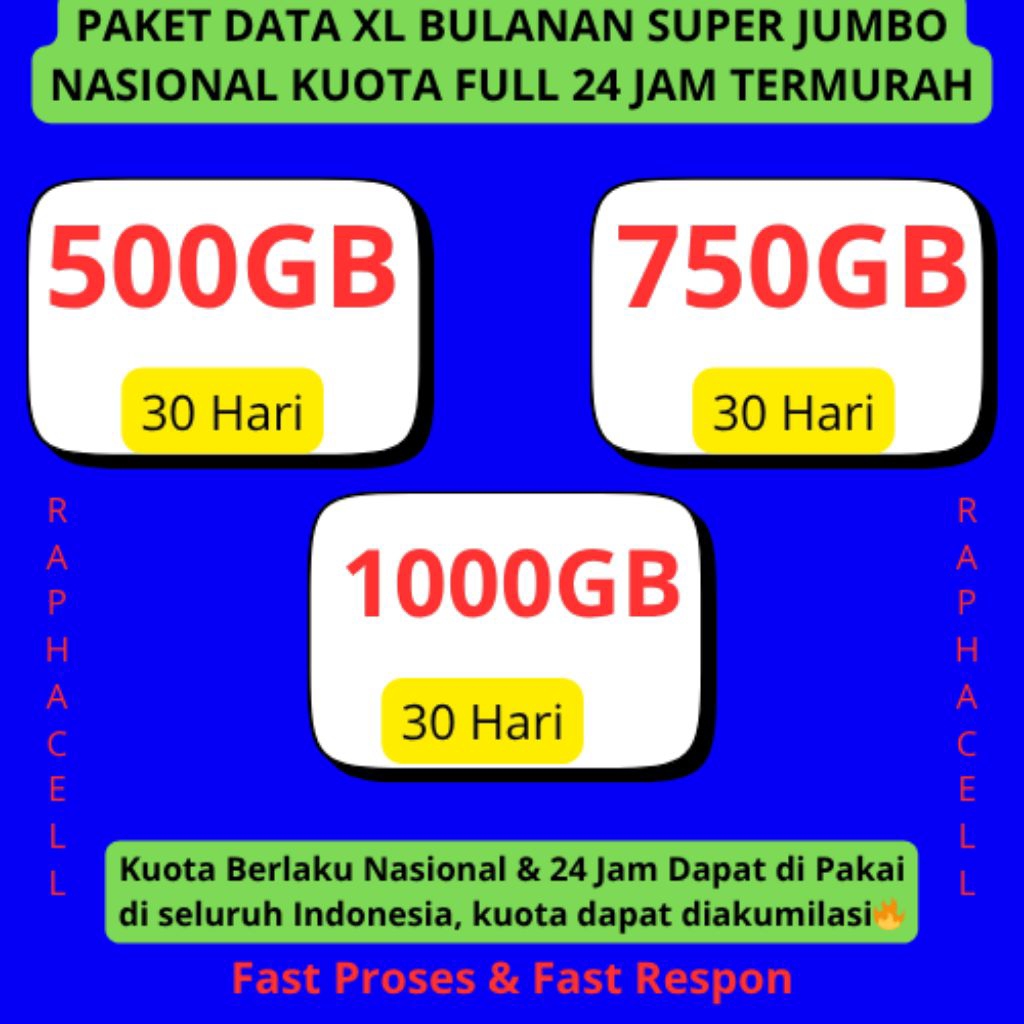 Termurah | Paket Data XL Super Jumbo 750GB & 1000GB Kuota full 24 Jam Berlaku Nasional