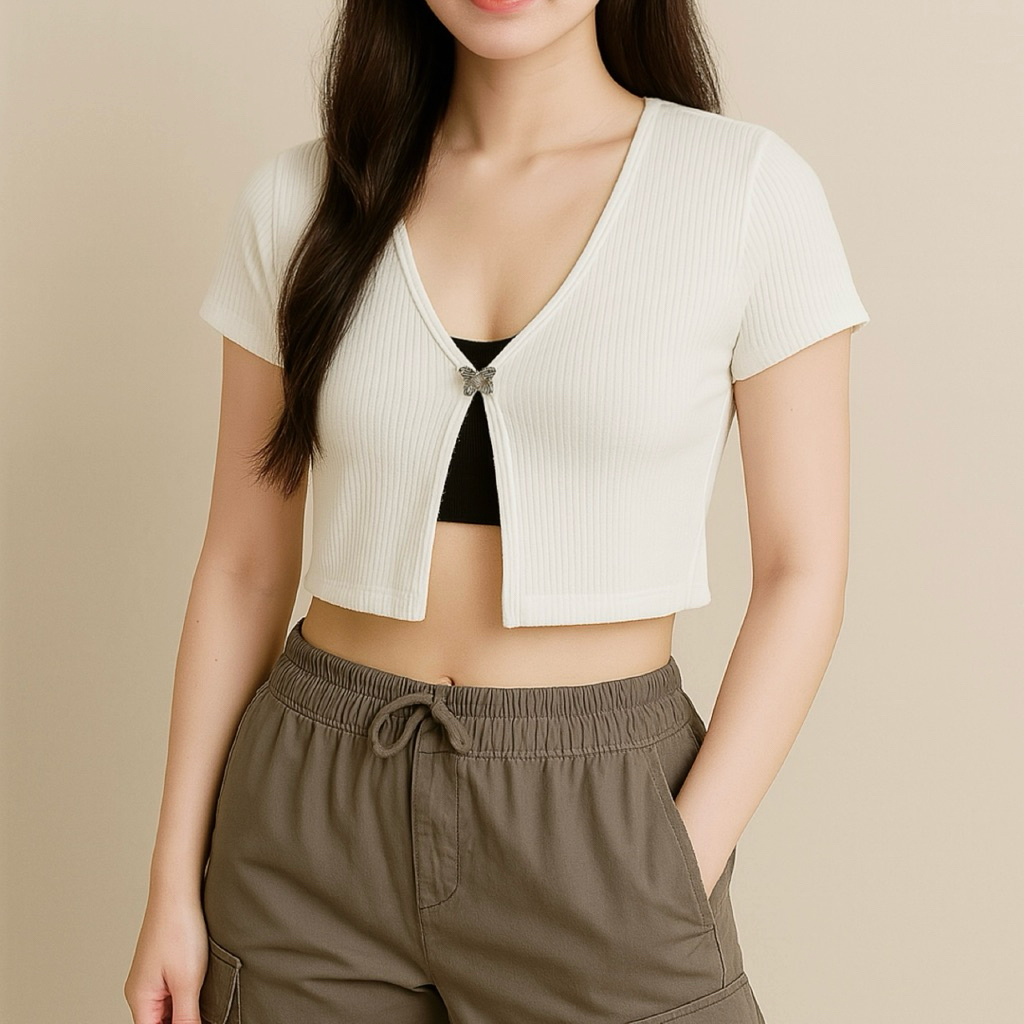 crop top ribbed butterfly white h&m