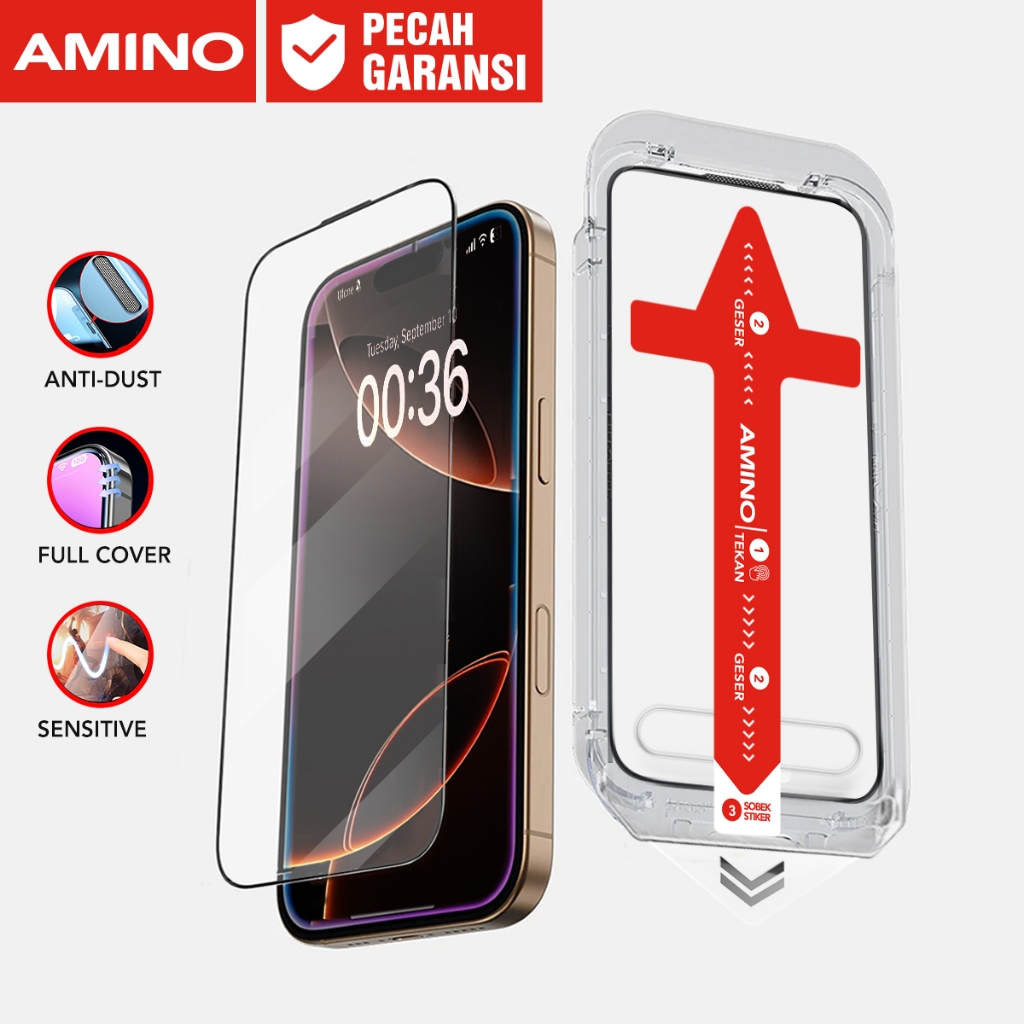 AMINO 5D Easy Install Tempered Glass Transparan Kit Untuk Iphone 17 17 Pro Max 17 Air 16 Pro Max 16e