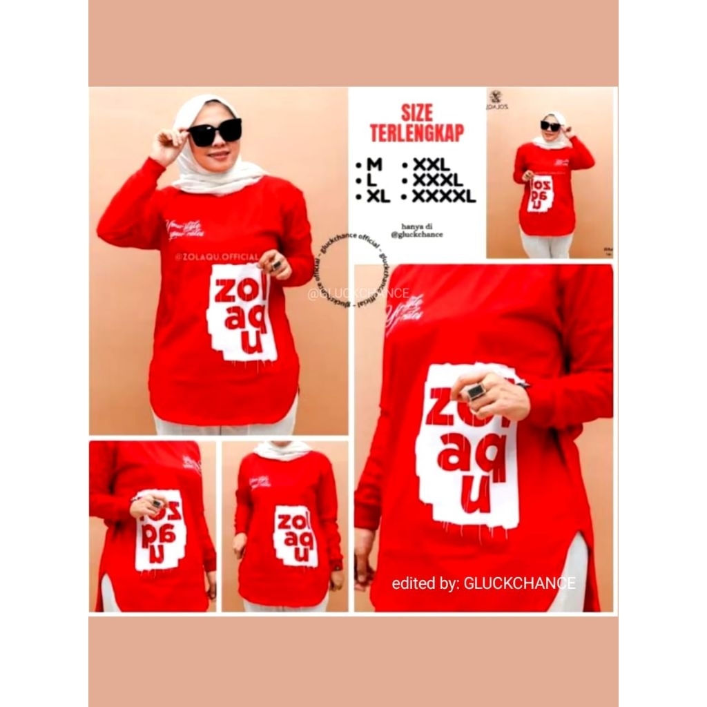 BAJU ATASAN KAOS DISTRO ZOLAQU POLOS SEMITUNIK MERAH KARUN TEBAL ZLQ WANITA LENGAN PANJANG KOMBINASI