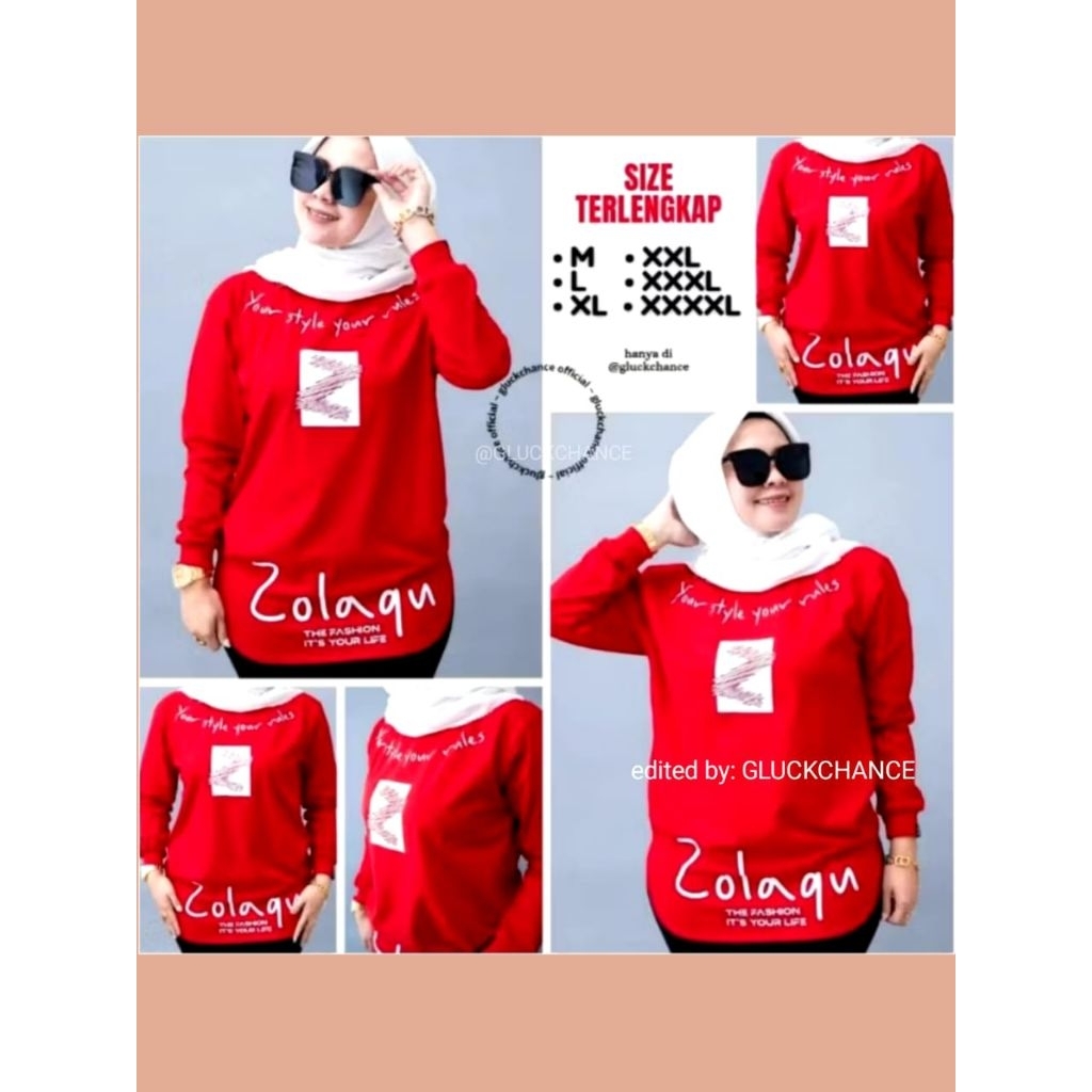 BAJU ATASAN KAOS DISTRO ZOLAQU POLOS SEMITUNIK MERAH NASIK  TEBAL ZLQ WANITA LENGAN PANJANG KOMBINAS