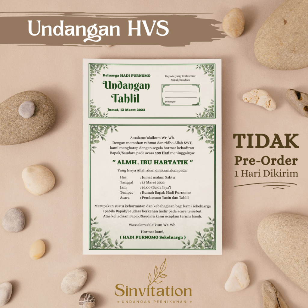 

Cetak Undangan HVS hijau Walimatul Ursy, Pernikahan, Tahlil, 7 Bulanan, Aqiqah, Khitan, Sinvitation