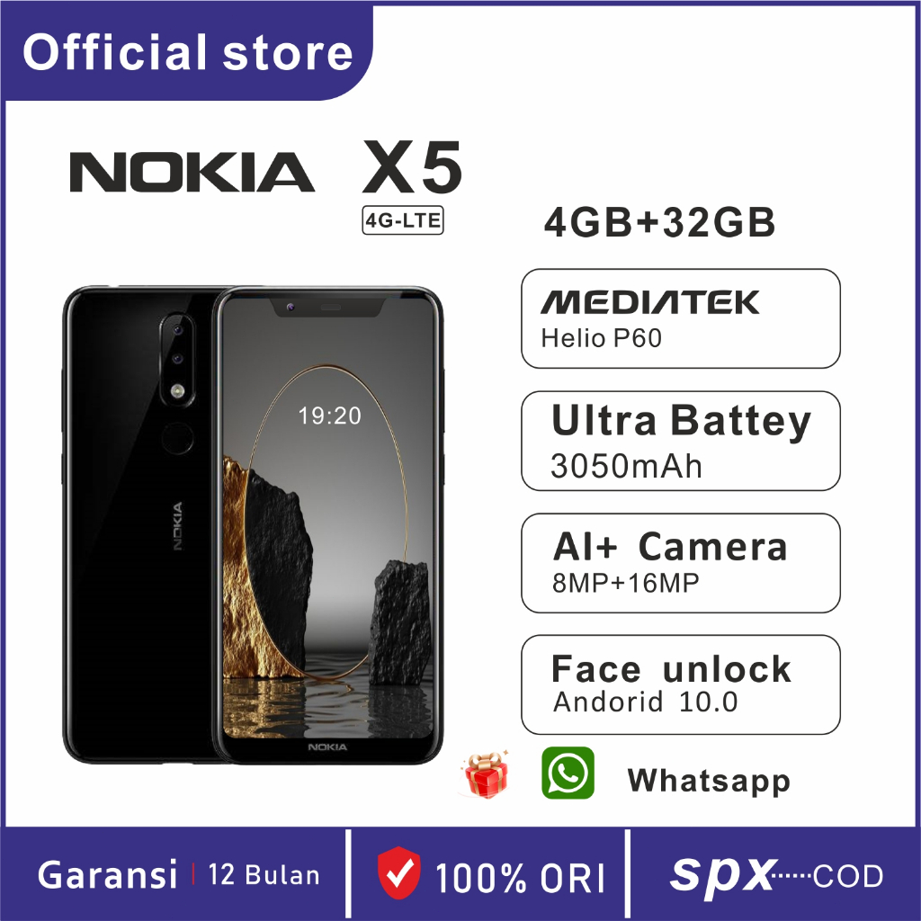 Nokia x5 (5.1 plus) | Type-c prot | dual sim | 13MP+5MP | fast charging | Garansi indonesia | hp nok