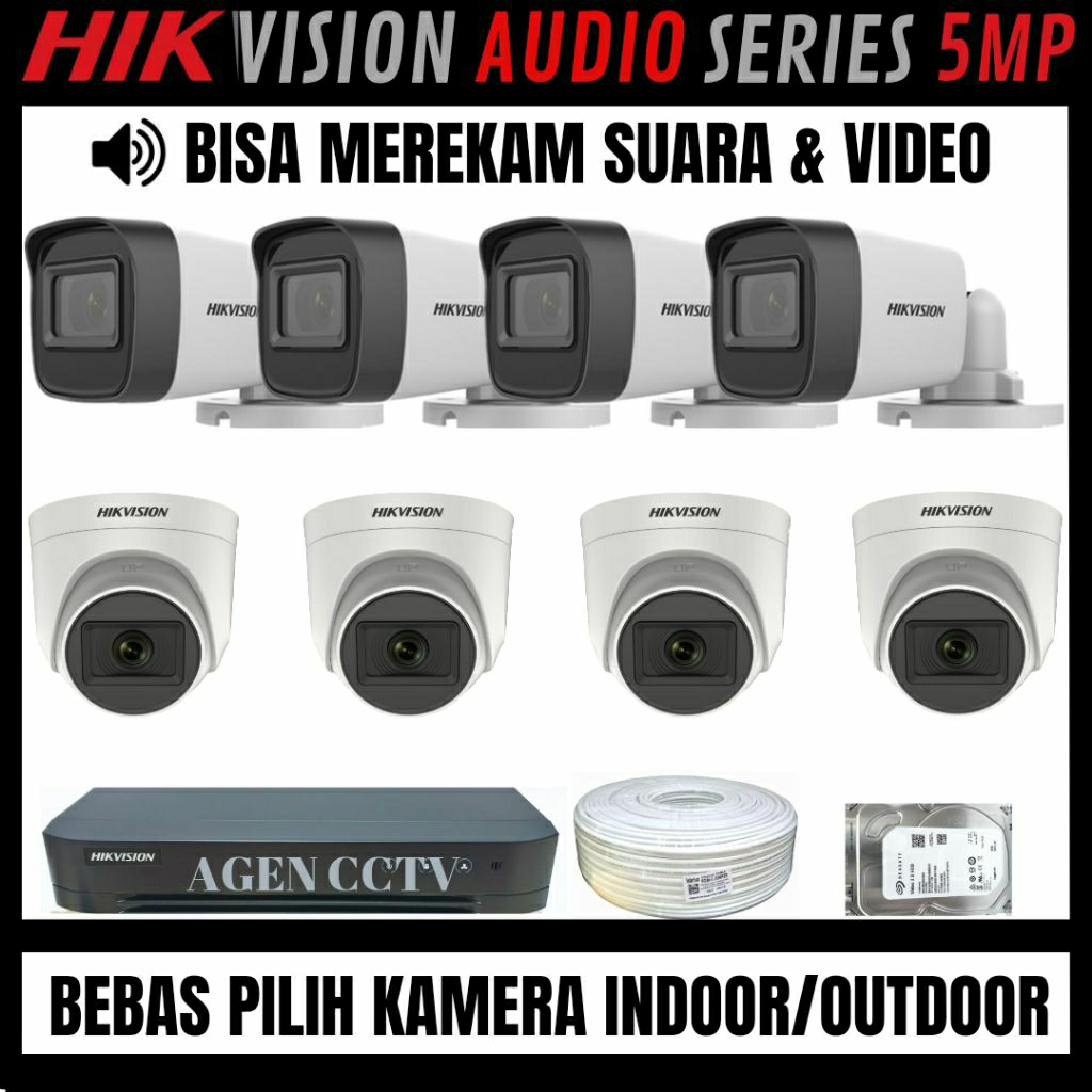 PAKET CCTV HIKVISION 8 CHANNEL 8 KAMERA 5MP AUDIO SERIES 5MP  BISA MEREKAM SUARA DAN GAMBAR