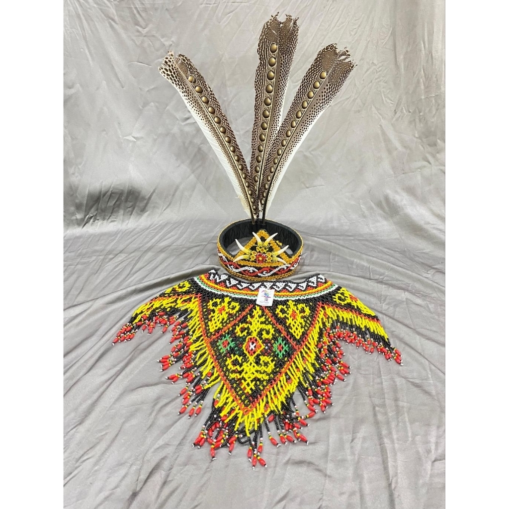 AKSESORIS TOPI DAYAK - SET AKSESORIES TARI DAYAK PREMIUM - TOPI BULU DAYAK