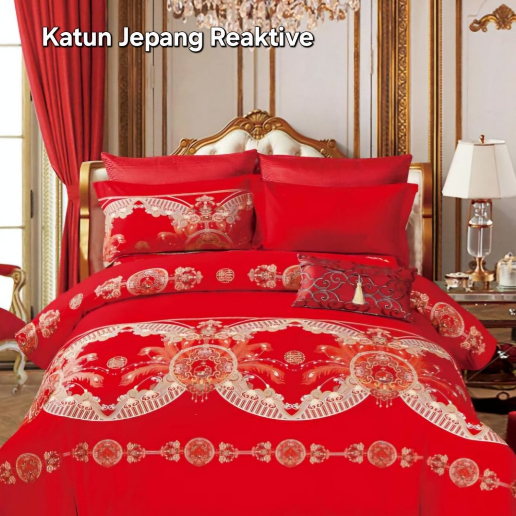 Bedcover Set Sprei Katun Jepang Merah Chinese Gift Wedding Imlek Motif Suangxi Naga