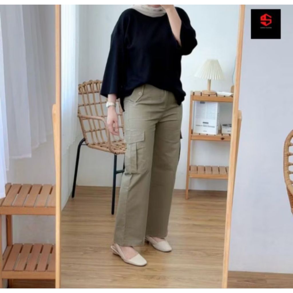 CELANA CARGO PANTS BAHAN AMERICAN DRILL SIZE M L XL XXL OOTD WANITA - CELANA KARGO NAIK GUNUNG WANIT