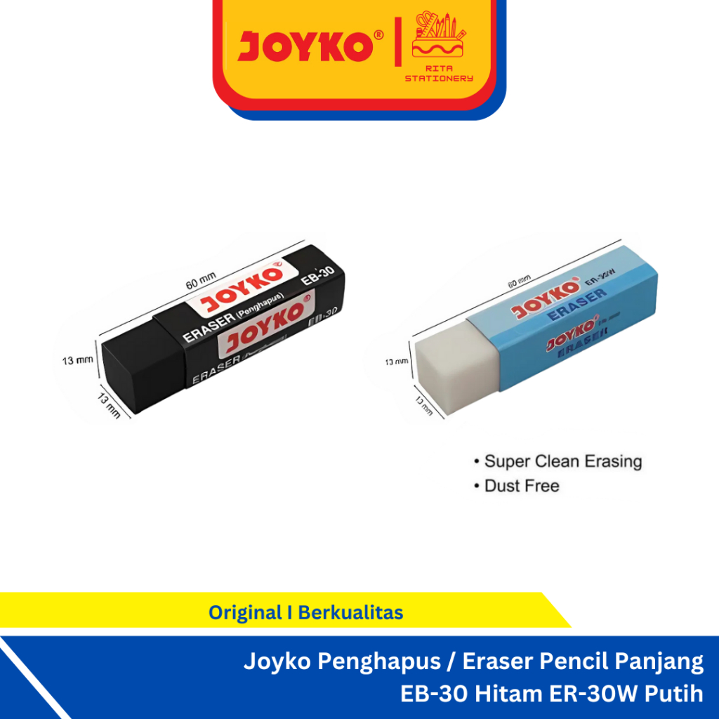 

Joyko Satuan Penghapus Pensil / Eraser Pensil Murah Putih Hitam Eceran Panjang - EB-30 Hitam ER-30W Putih