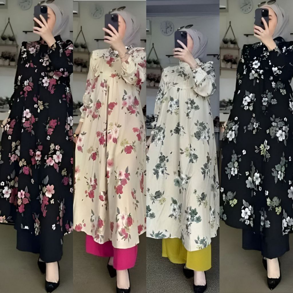 ONE SET LONG TUNIK RAYON PREMIUM // SET TUNIK MOTIF BUNGA TERBARU