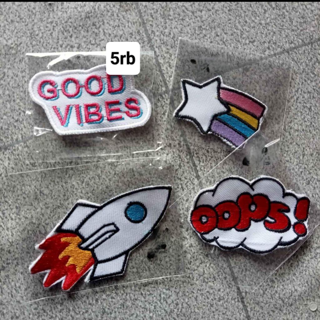 Stiker Kain Patch Bordir Lucu - Bisa Dijahit di Tas, Topi, Baju (Good Vibes, Roket, Bintang Pelangi,