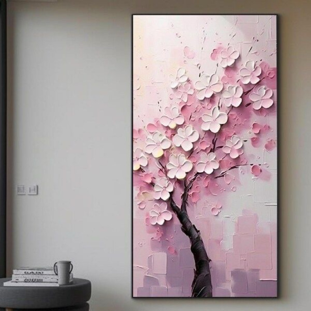 Lukisan bunga sakura pink || tekstur timbul || modern art || 3d art || Lukisan abstrak kanvas modern