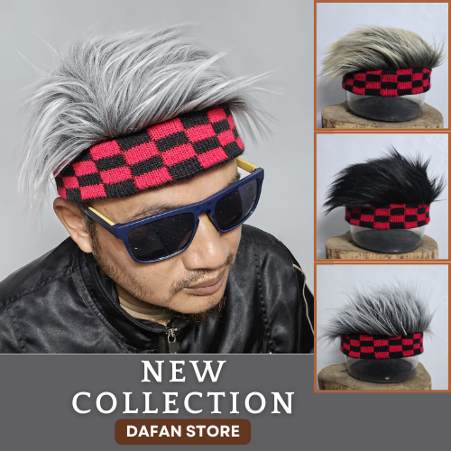 Topi Rajut Rambut Palsu Motif Catur Merah Atau Topi Wig Pria