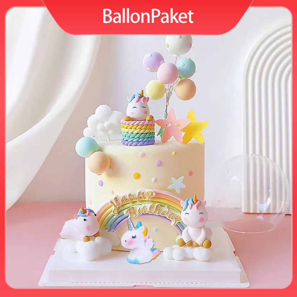 Cake Topper Miniatur Unicorn 3D Hiasan Kue Ulang Tahun Karakter Unicorn Rainbow Pink Putih Untuk Dek