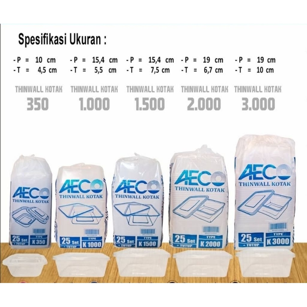 Thinwall kotak segi empat aeco 1500ml (25 set)
