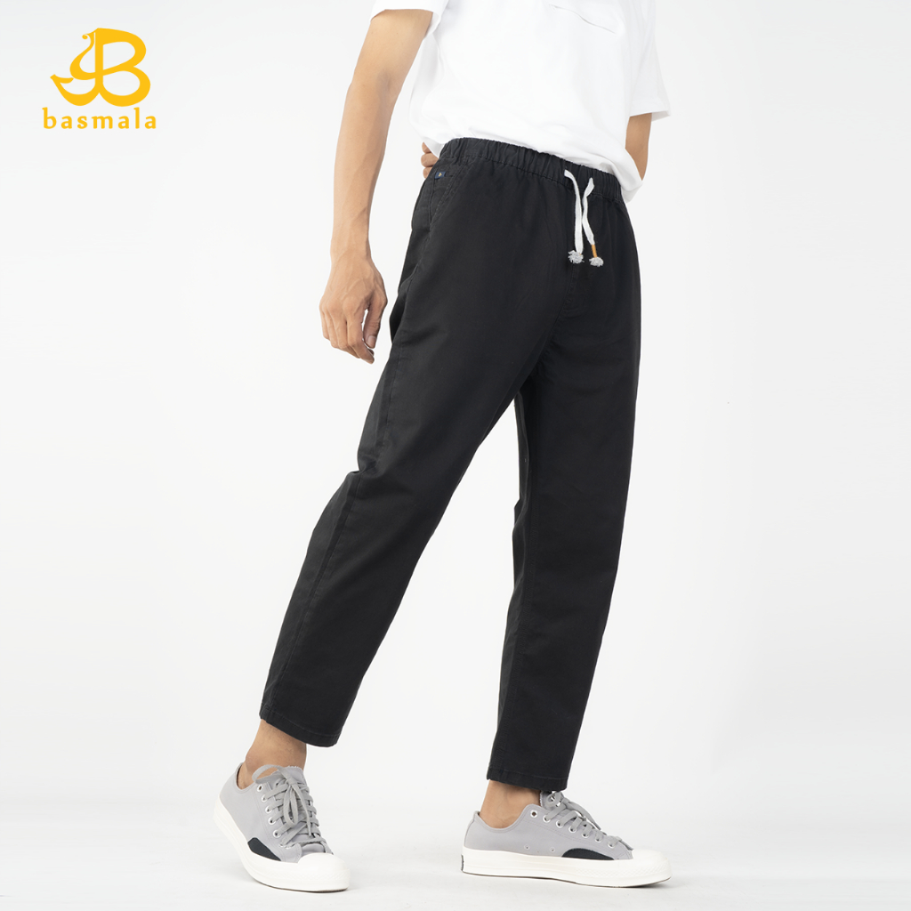 BASMALA - Celana Pria Semi Formal Warna Hitam Sirwal Casual Twill Stretch Premium Sirwal Pants Tali