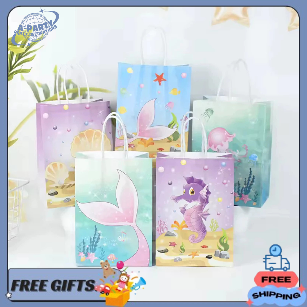 

6pcs Tas Hadiah Kertas Ekor Putri Duyung Tas Kemasan Makanan Ringan Portabel Perlengkapan Pesta Ulang Tahun Tema Laut untuk Anak-anak