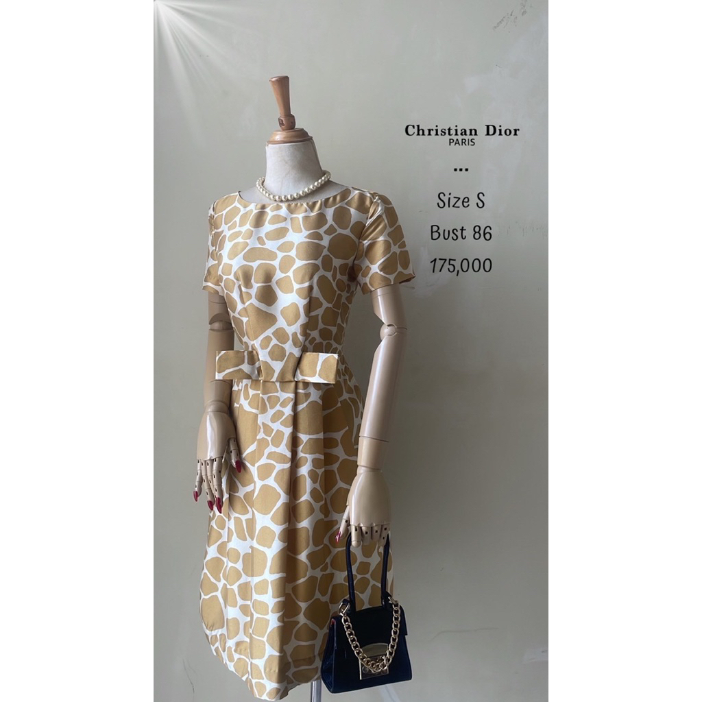 Mini dress motif jerapah gold emas putih simpel pita christian dior premium preloved furing mewah su