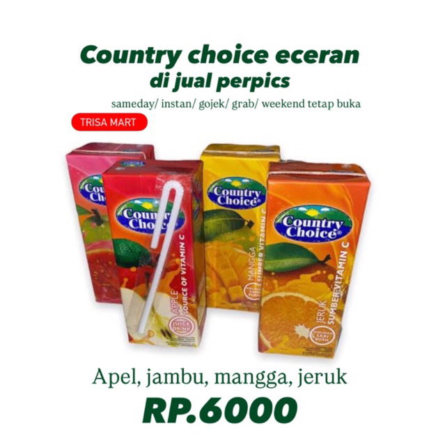 

Country choice 250ml eceran di jual perpics(jambu apel mangga jeruk)instan/grab/gojek/sameday