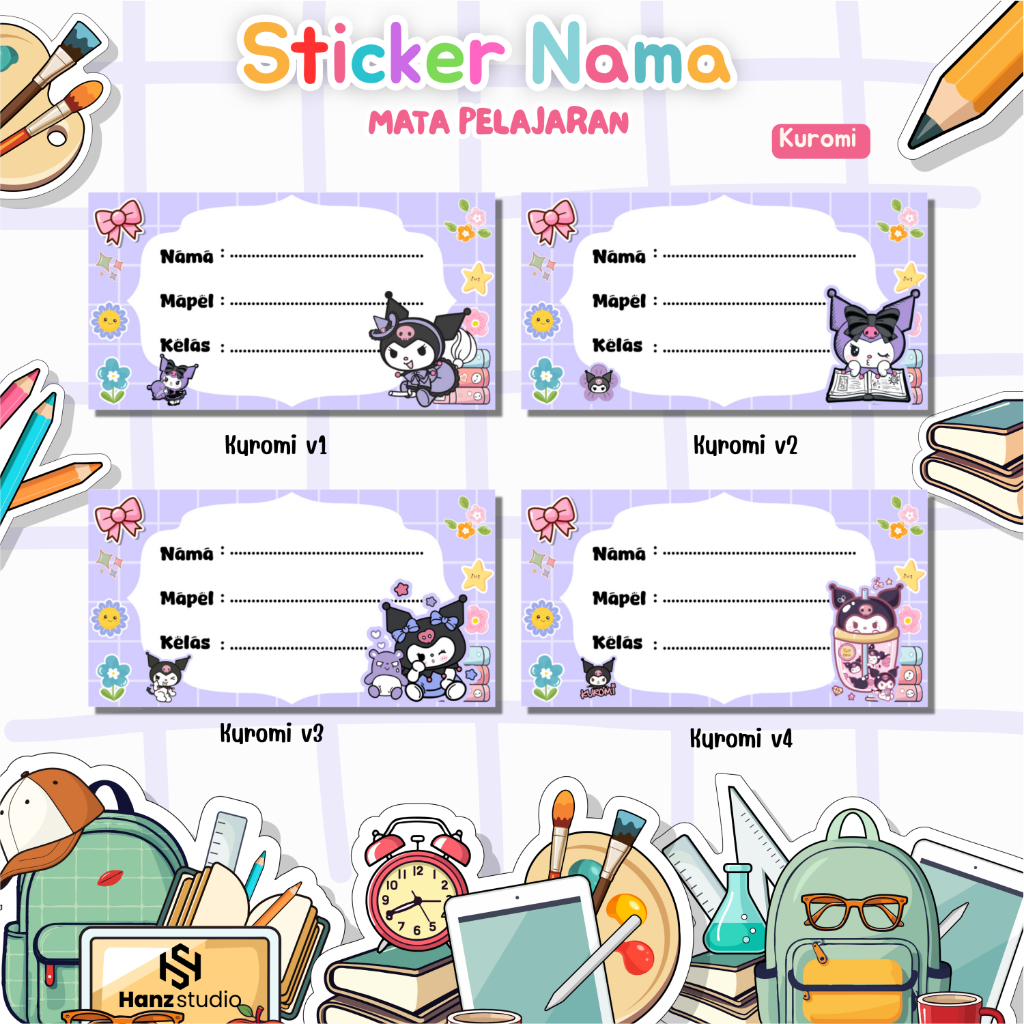 

Isi 44 pcs Sticker Label Buku Mata Pelajaran TEMA Sanrio Kuromi / Sticker Mapel untuk Anak-anak Desain Menarik / Label Buku Custom Nama Kuromi