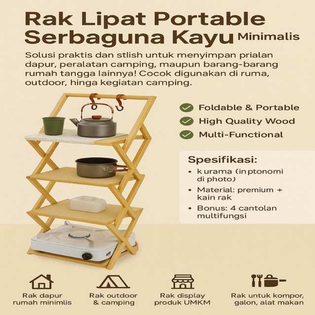 Rak Lipat Portable Serbaguna Kayu Minimalis - Rak Camping Dapur Lipat + Gratis Cantolan