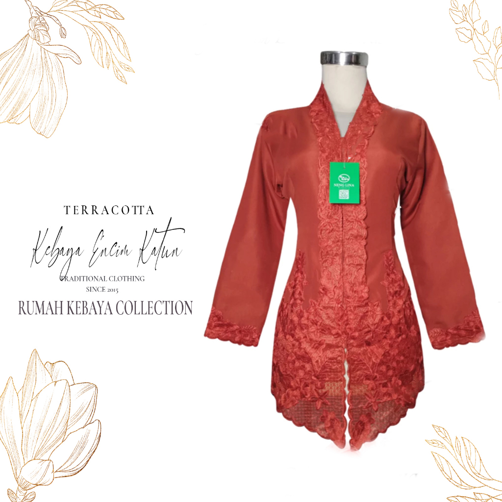 Kebaya Encim Kartini Katun Bordir Modern Senada Merah Teracota Lengan Panjang Bigsize Jumbo