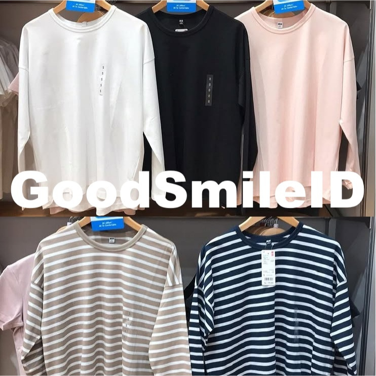SALE Women T-Shirt Katun Lembut Hem Bulat Rileks Smooth Cotton Garis Stripe Lengan Panjang Kaos Wani