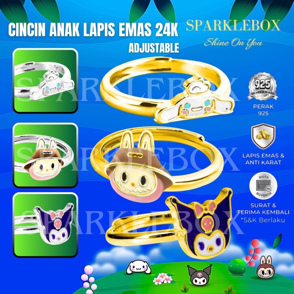 Cincin Perak Anak - Cincin Perak Anak Perempuan - Cincin Labubu - Cincin Kuromi - Sparklebox