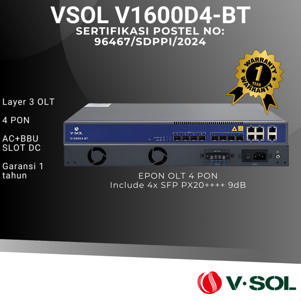 OLT Epon Vsol V1600D4-BT 64Client 4PON AC + DC Battery Module Inc SFP 9dbm / Olt L2 Epon 10g