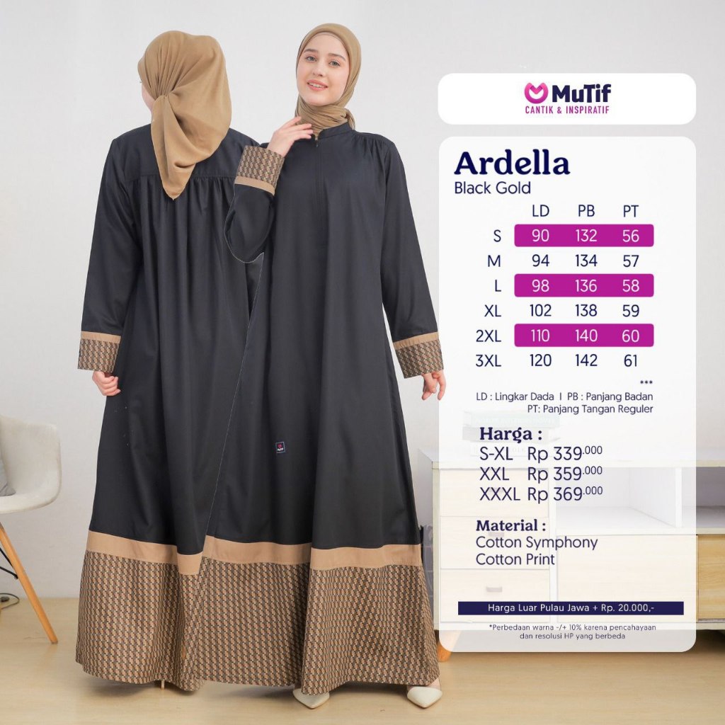 Gamis MUTIF ARDELLA BLACK GOLD | Gamis Hitam Haji/Umroh ORI MUTIF | COD