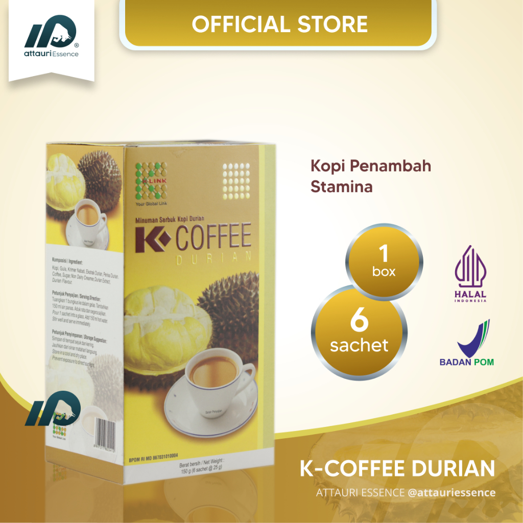 

K-COFFEE Durian Original K Link (1 Box isi 6 Sachet) Kopi Aroma Durian Meningkatkan Gairah dan Stamina serta Membantu Menurunkan Tekanan Darah K Link Official Store K-Link Original Store Attauri