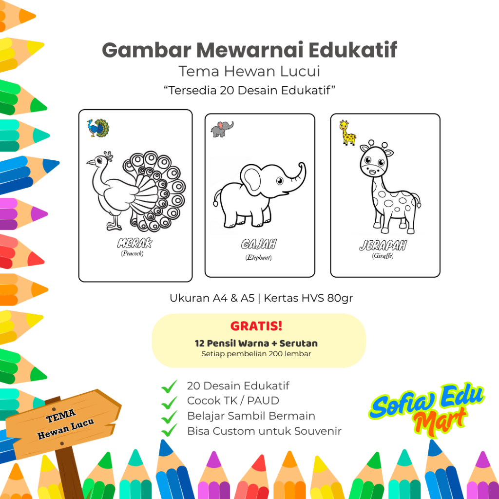

Gambar Mewarnai Anak Seri Hewan Lucu - Kertas HVS A4 dan A5 80 gr TK PAUD Usia 1-5 Tahun