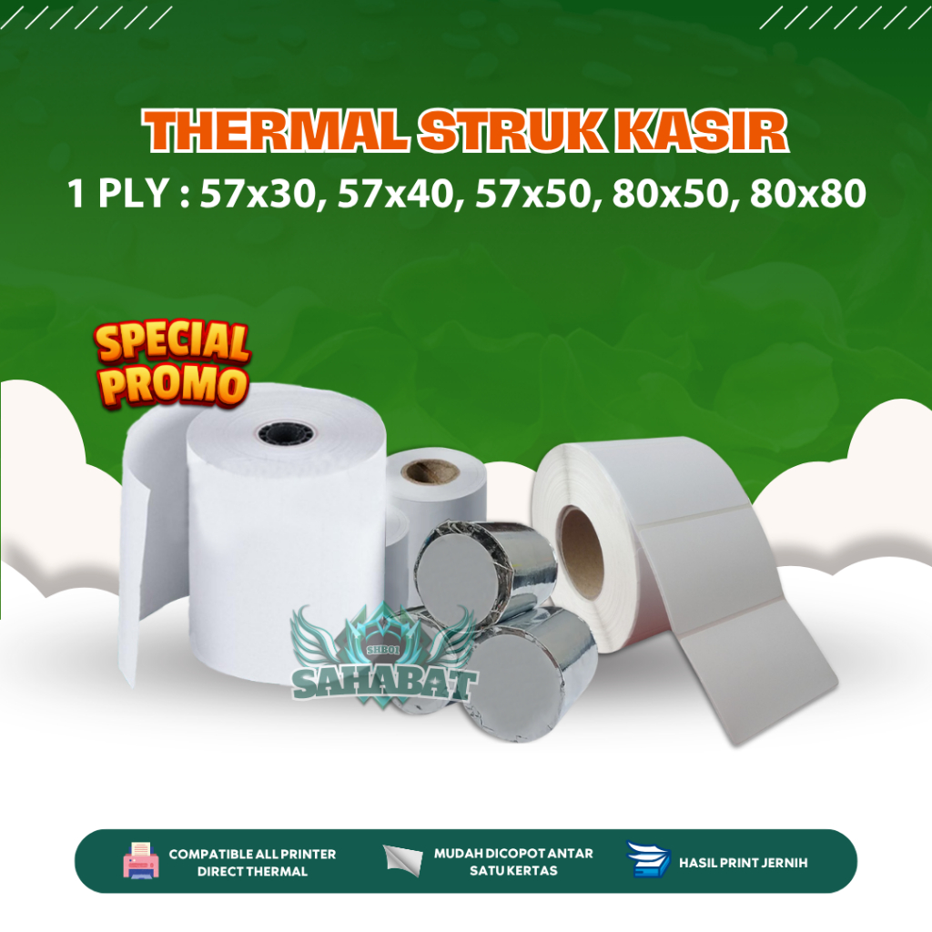 

Kertas Thermal Nota Struk Toko Kasir 1 PLY Uk 57X30 57X50 80X50 80X80 75X60 80X80 Cetak Print Label HVS BON Belanja