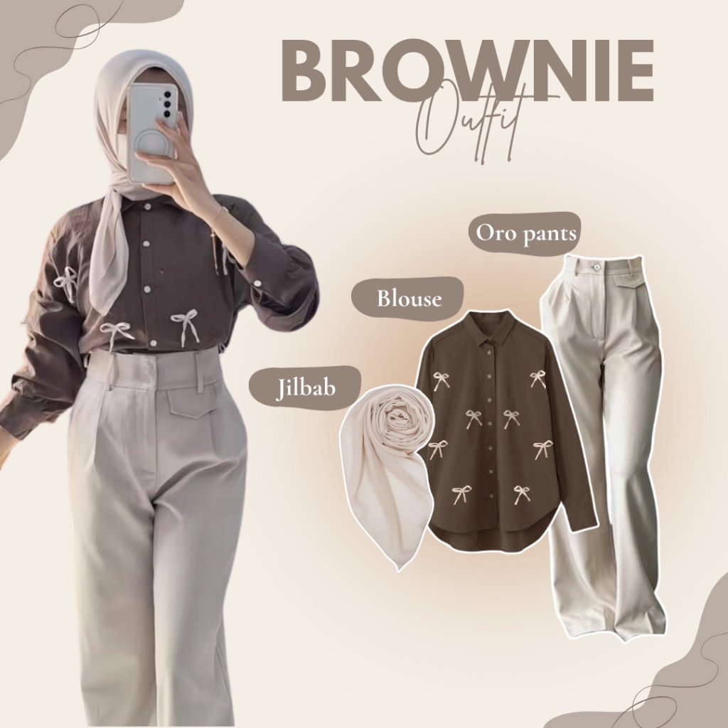 1 Set Outfit Nongkrong Cantik (Blouse PIta + Oro Pants + Jilbab Segi empat) Warna Coklat Kopi HO69N
